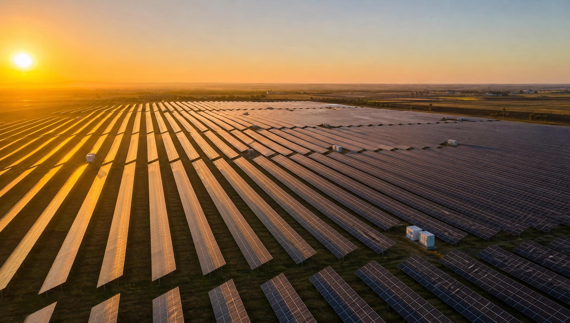 Aerial view of a utility-scale solar farm at sunrise